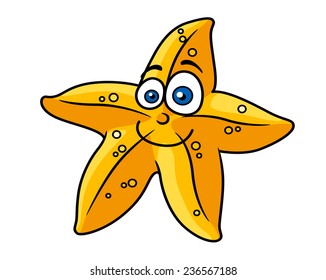 Close up cartooned yellow star fish with smiling face for sealife or travel concept design