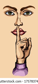 Close up casual young male child body arm noise forbidden taboo white text space. Red color drawn closeup 1 pretty adult lady making show ban view logo icon sketch. Retro kid cartoon art line style