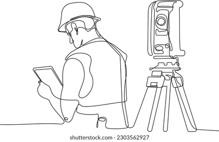 Close up of Caucasian worker with helmet on head using tablet for work while standing in warehouse. Surveyor with a tripod icon. Geodesic tripod. Vector illustration