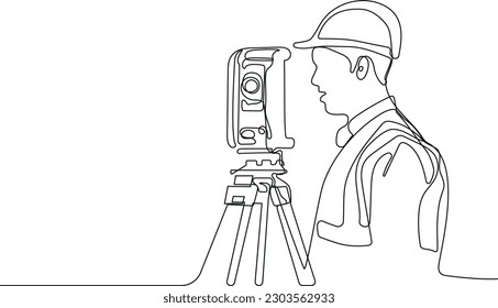 Close up of Caucasian worker with helmet on head using tablet for work while standing in warehouse. Surveyor with a tripod icon. Geodesic tripod. Vector illustration