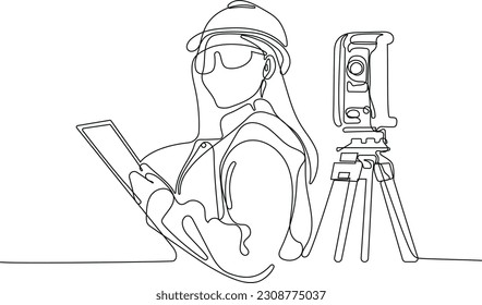 Close up of Caucasian worker with helmet on head using tablet for work while standing in warehouse. Surveyor with a tripod icon. Geodesic tripod. Vector illustration