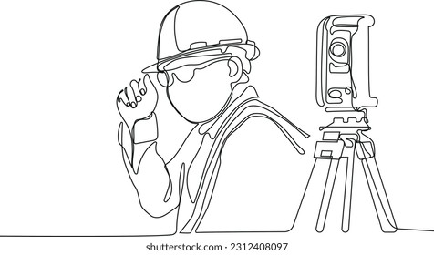 Close up of Caucasian worker with helmet on head using tablet for work while standing in warehouse. Surveyor with a tripod icon. Geodesic tripod. Vector illustration