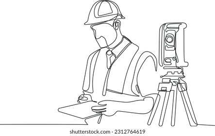 Close up of Caucasian worker with helmet on head using tablet for work while standing in warehouse. Surveyor with a tripod icon. Geodesic tripod. Vector illustration