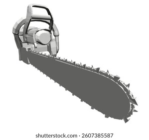 A close up of a chainsaw with a black handle and a black chain. The chainsaw is in a white background
