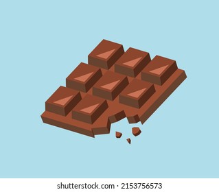 Close up a chocolate bar isolated on white background in the middle on solid color background. Vector illustration. Chocolate. Pieces, shavings, cocoa fruit. For Valentine's day and White Day