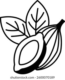 A close up of a chocolate pod with a leaf on top