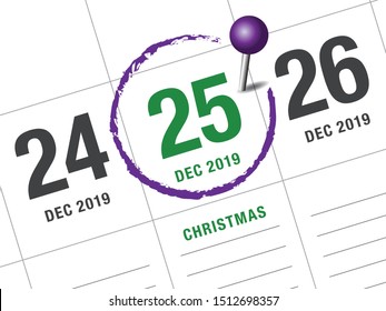Close up of christmas day 2019 on diary calendar. Wishing you wonderful memories during this joyous season.