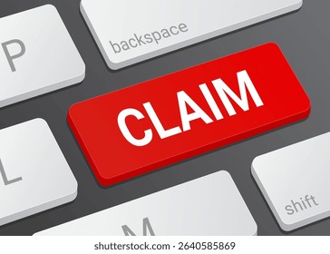 Close Up Claim Button on Laptop or Computer Keyboard for Insurance, Refund, and 3D Finance Illustration