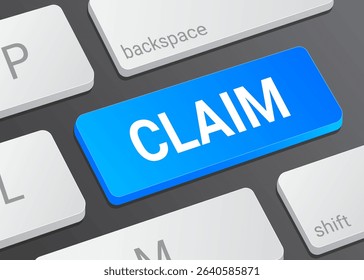 Close Up Claim Button on Laptop or Computer Keyboard for Insurance, Refund, and 3D Finance Illustration