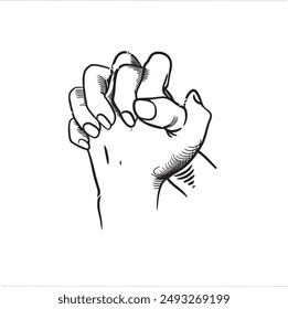 Close up of clasped hands with crossed fingers, lateral view. Hand language. Black and white vector illustration on white background