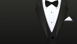 Close up of classic formal male tuxedo and bow tie with copy space, Paper art cut and craft style background, Vector illustration