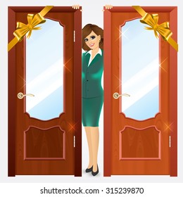 close up of closed entrance wooden doors and smiling woman standing between them on a white background