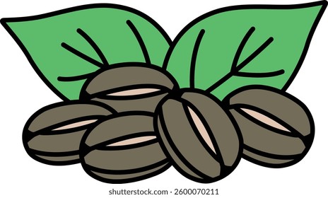 A close up of coffee beans on a leaf. The beans are small and brown. The leaf is green and has a few veins