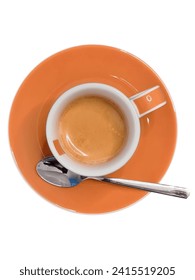 Nahaufnahme einer Kaffeetasse und Untertasse. Draufsicht einzeln auf Weiß.