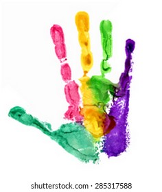 Close up of colored hand print on white background. Vector