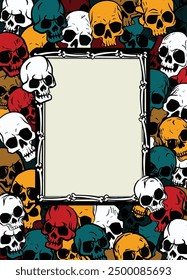 A close up of colorful skulls forming a border frame with blank space in the center, featuring a gothic and eerie design. Concept of spooky decoration.