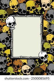 A close up of colorful skulls forming a border frame with blank space in the center, featuring a gothic and eerie design. Concept of spooky decoration.