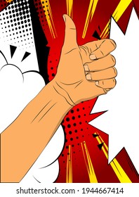 Un primer plano de la historieta ilustra la mano femenina mostrando el pulgar hacia arriba en contra de un fondo colorido.