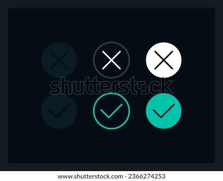 Close and confirm button states UI elements kit. Isolated vector components. Flat navigation menus and interface buttons template. Web design widget collection for mobile application with dark theme
