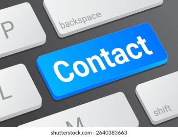 Close Up Contact Button on Laptop or Computer Keyboard for Communication, Customer Support, Help Desk, Messaging, and 3D Technology Interface Illustration