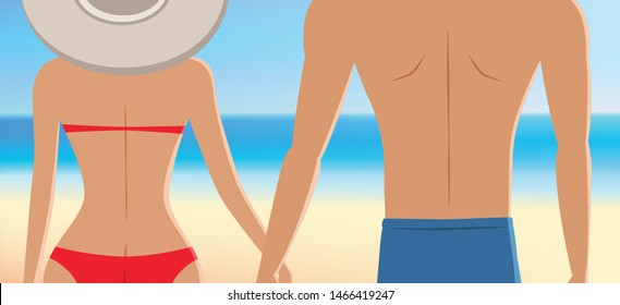 Close up of couple at the beach, girls with big hat in red bikini holding hands with her lover in font of the beautiful tropical beach. vector illustration