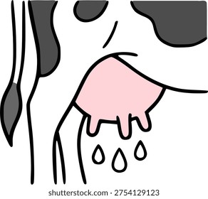 Close up of cow udder vector illustration. Milk let down process in dairy cattle line art icon.
