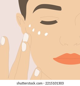 Close up cropped portrait of young woman applying cosmetic product, cream on face. Caring for the skin around the eyes. Morning routine. Vector illustration.