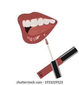 Close up cropped shot of open smiling mouth female,feminine gorgeous charming adorable lady with tube of liquid hard red pomade. Pampering, lips correction concept, Makeup sign .Vector flat design.