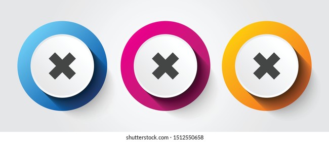 Close or cross icon on three colorful buttons.