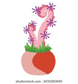 Close up Cute fan Alien Plant with Flowers and tentacles in Flower pot. Pink Botanical Graphic Art isolated on white background. Bright color Fantasy Design element for Book, Card, Poster, Banner.