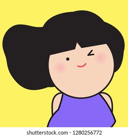 Close Up Of Cute Happy Smiling Asian Young Girl With Hair Tooked And Flyed By The Wind Concept Card Character illustration