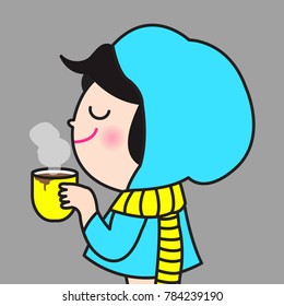  Close Up Of Cute Young Smiling Woman In Winter Hood Jacket And Scarf Holding A Cup Of Hot Chocolate Concept Card Character illustration