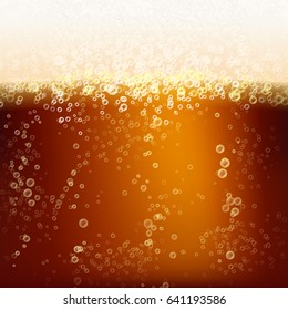 Close Up Dark Beer With Foam And Bubbles. Vector Background. Fresh Beverage Beer Illustration