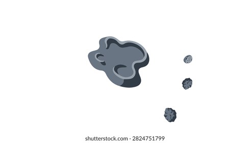 close up of a dark gray asteroid with rough textured surface floating against a clean white background