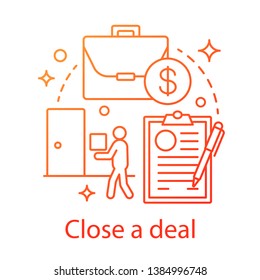 Close a deal concept icon. Transaction making idea thin line illustration. E commerce. CRM system software. Customer relationship management. Vector isolated outline drawing