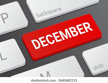 Close up December Button on Computer Keyboard with White Text for Calendar Date and Digital Interface Concept Illustration