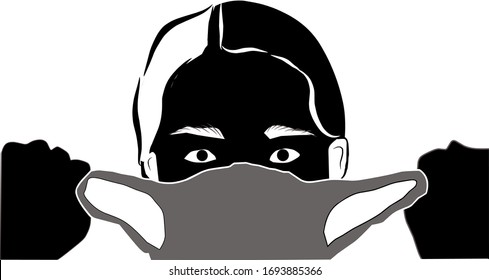 Close to the design of the white and black silhouette of the person wearing the mouth and nose mask, the protective immune system, the antivirus, a form of protection, covid 19