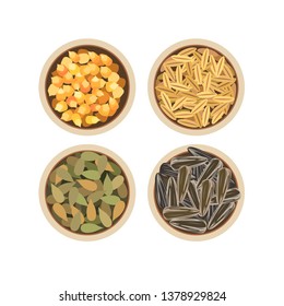 Close up of different types of grain in bowls.