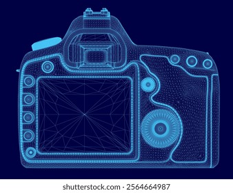 Close up of a digital camera with a blue screen. The camera is a modern digital camera with a sleek design and a blue screen. The blue screen is the main focus of the image