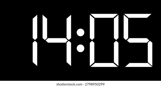 Close up of a digital clock display with seven segment digits forming fourteen zero five on a black background