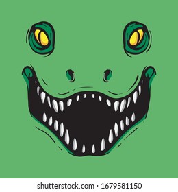 Close up of dinosaur face isolated on green background. Prehistoric animal vector concept. Fierce reptile face with teeth