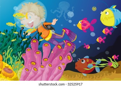 Close up of a diver observing wide biodiversity of fish