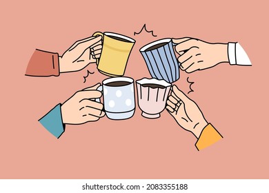 Close up of diverse friends cheers with mugs drink coffee together in morning. People cling cups enjoy tea ceremony, relax eating drinking beverages. Non alcoholic celebration. Vector illustration.