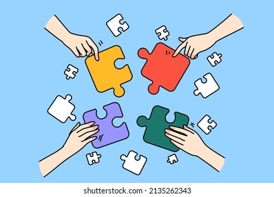 Close up of diverse people hands connect jigsaw involved in teambuilding activity together. Businesspeople or employees join puzzles participate in game. Teamwork. Vector illustration.