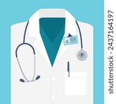 Close up of doctor uniform with stethoscope. Closeup of  doctor or lab worker white coat isolated on blue background. Medical clothes with tools. flat vector illustration