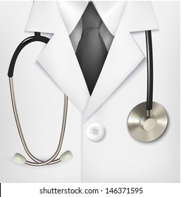 Close up of a doctors lab white coat and stethoscope. Vector illustration.