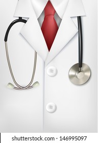 Close up of a doctors lab white coat and stethoscope. Vector illustration