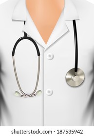 Close up of a doctors lab white coat and stethoscope. Vector illustration 