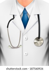 Close up of a doctors lab white coat and stethoscope. Vector illustration 