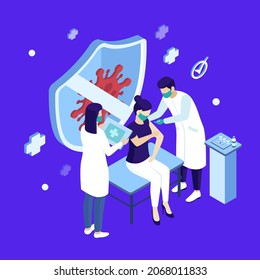 Close up of Doctors making a vaccination in the shoulder of patient, Flu Vaccination Injection on Arm, coronavirus, covid-19 vaccine disease preparing for human clinical trials vaccination. Vector 